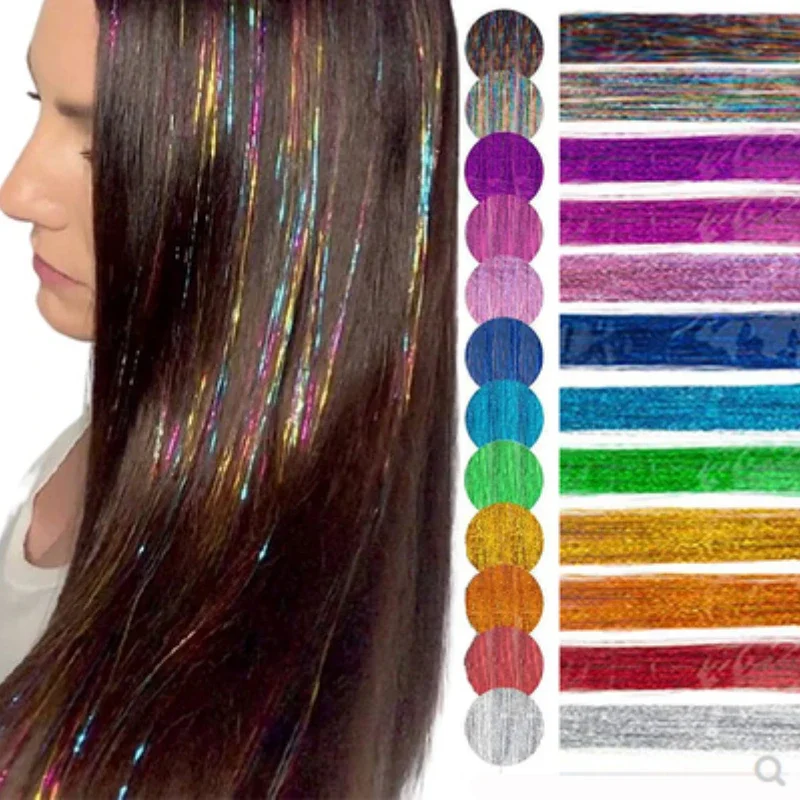 Tinsel Garland Decoration - 93 cm glitzerndes Haar-Lametta, regenbogenfarbene Strähnen,