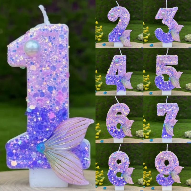 Holiday Candle Set - Glitzernde Lila Farbverlauf Meerjungfrauenschwanz Zahlenkerzen 0-9,