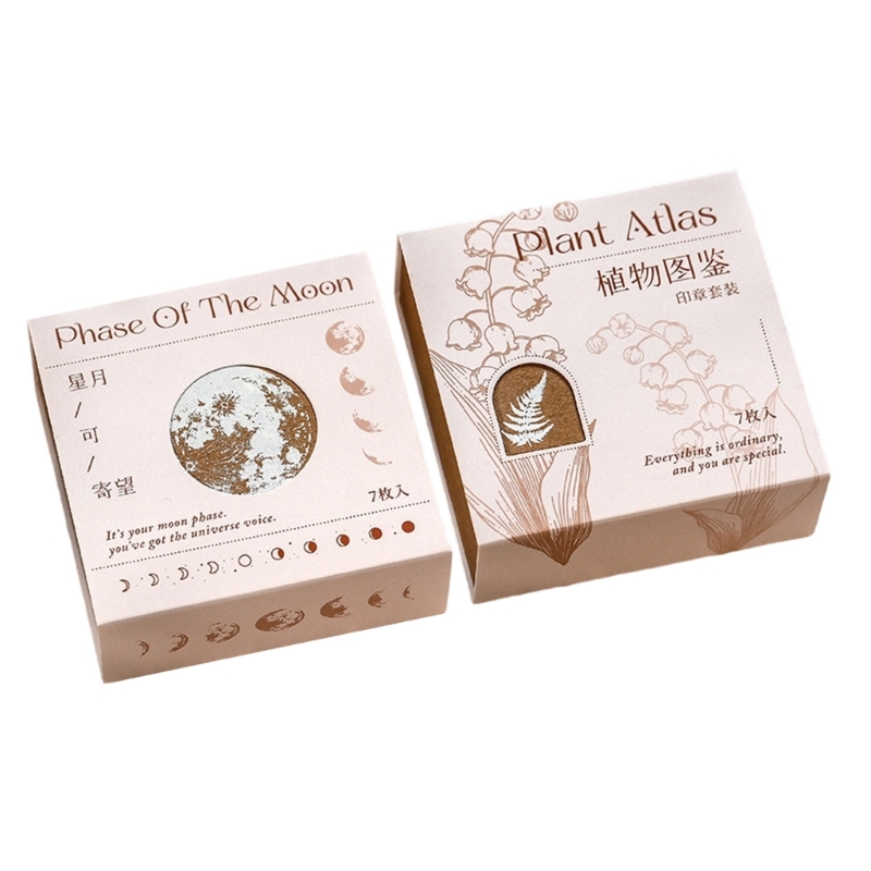 Gift Box Wrap Set - Holzblock-Siegelset, 7-teiliges Papier-Bastelwerkzeug für Tagebücher, Karten