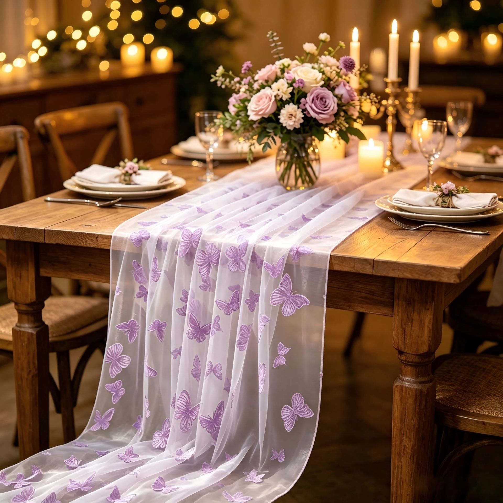 Christmas Table Runner - Nylon-Tüll-Tischläufer mit Schmetterlingsmotiv, bedruckte Tischdecke, transparente