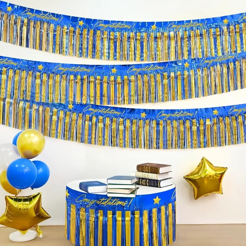 Tinsel Garland Decoration - 3-teilige Blau-Gold-Folienfransen-Girlande, Glänzende Lametta-Bänder für Fotoboxen,