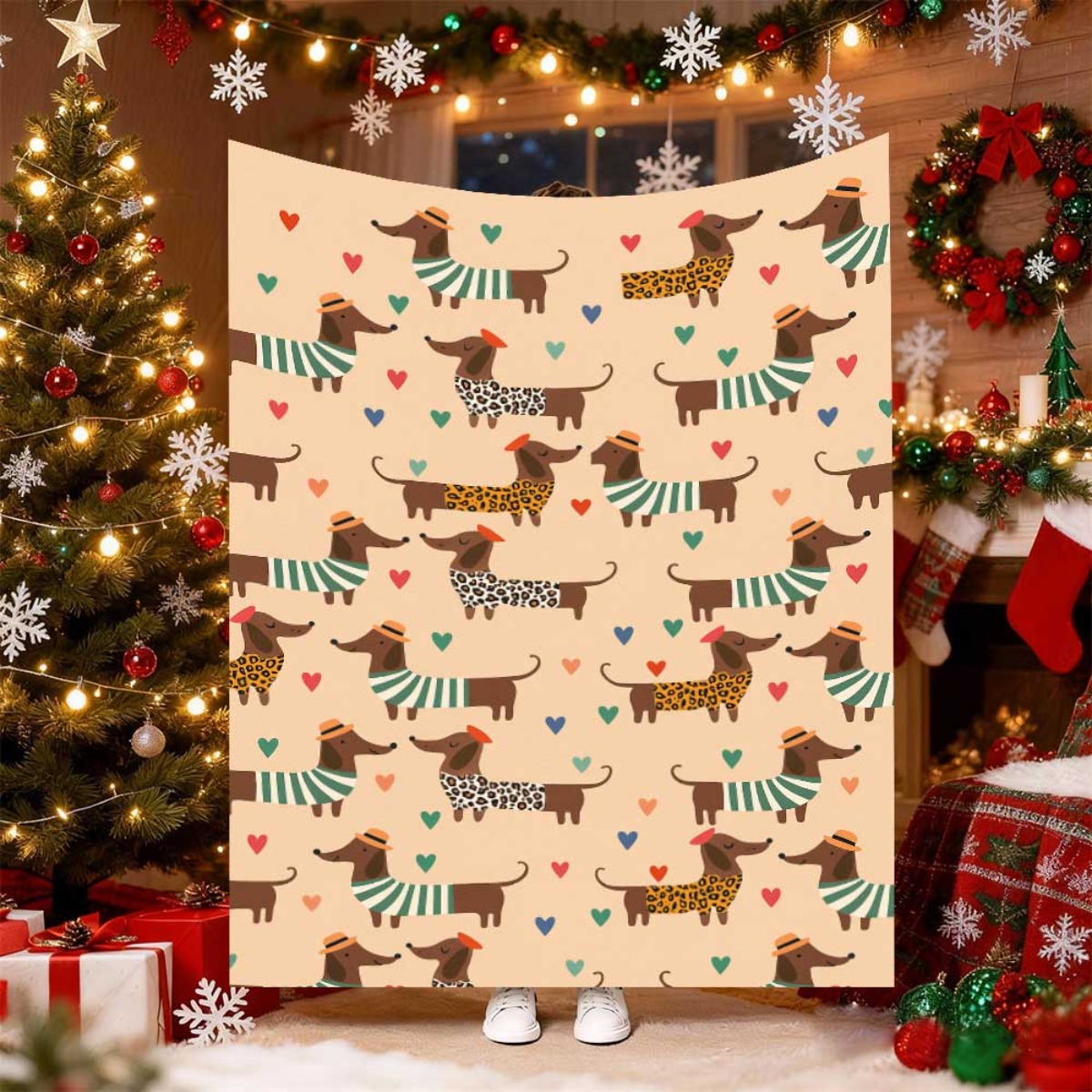 Christmas Throw Blanket - Niedliche Weihnachts-Dackel-Hundedecke, warme, gemütliche Sofadecke, festliche