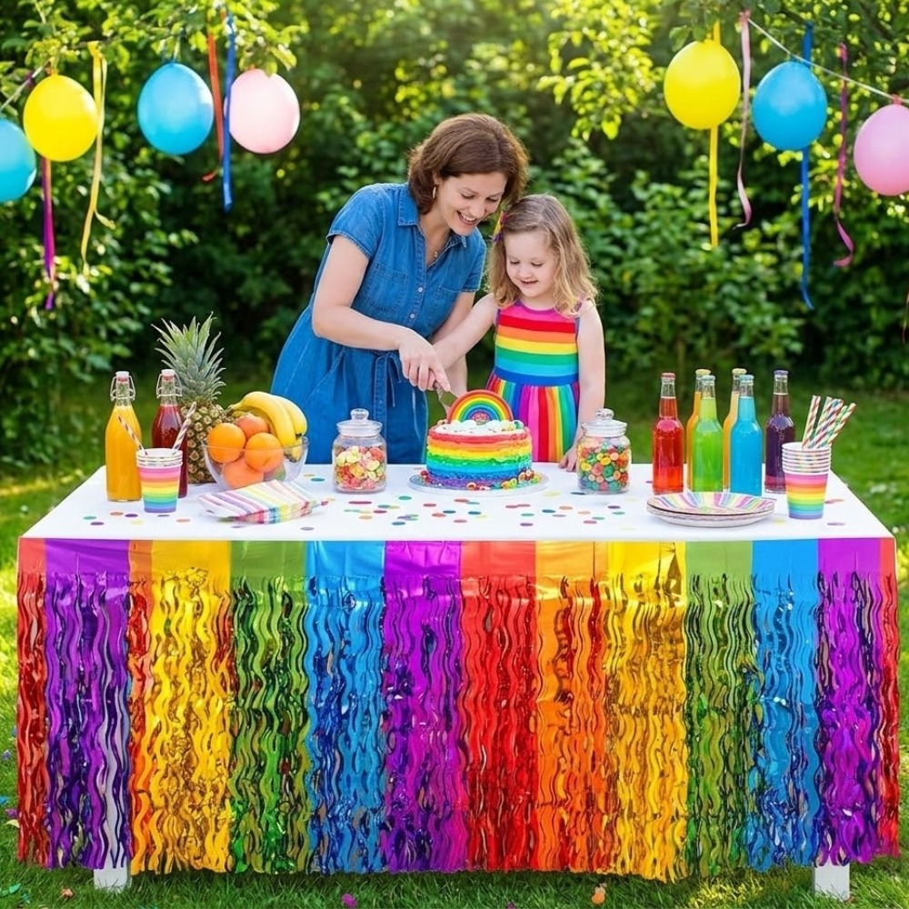 Tinsel Garland Decoration - 2er-Pack Regenbogen Wellige Metallische Lametta-Tischröcke -